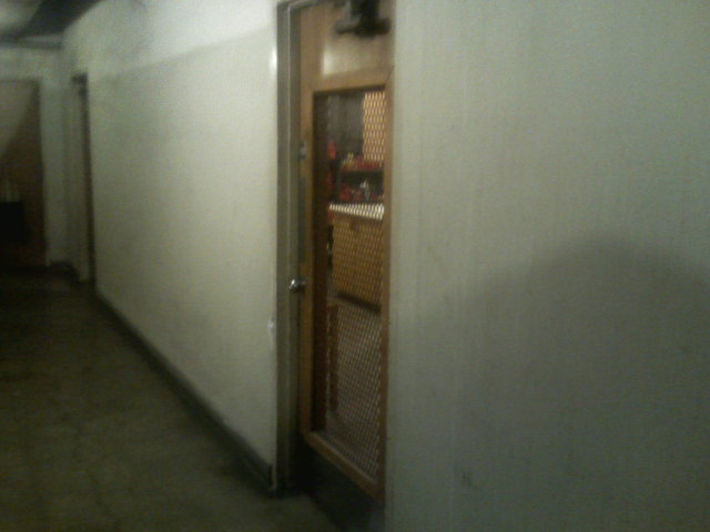 The door to the laundry room.  It is partially covered in a wire grille.