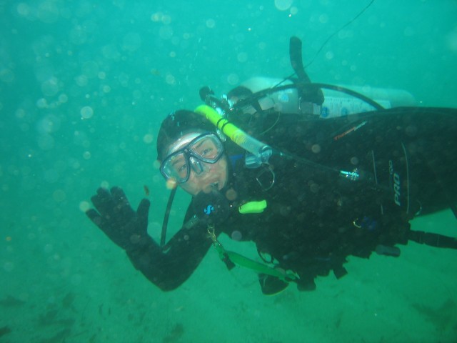 Jesi says "Hello" underwater.  This was at Monastery Beach on the south side of the dive site.